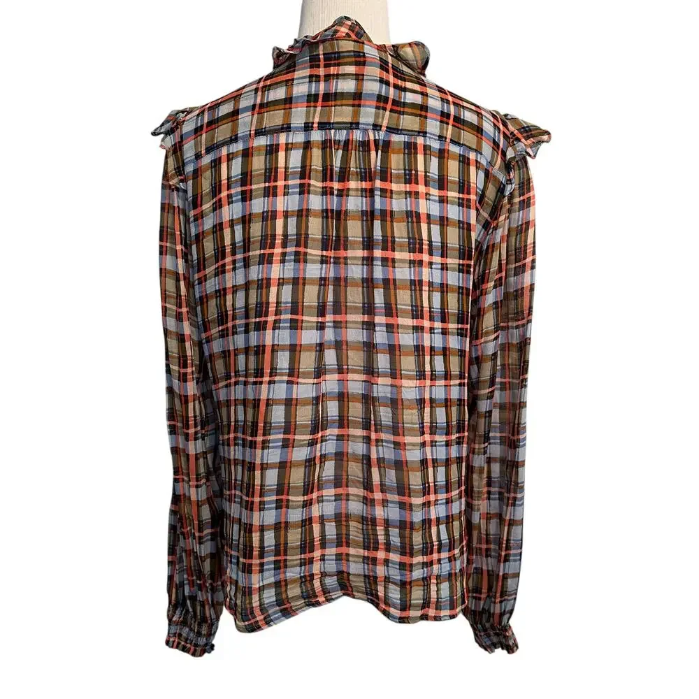 Anthropologie Plaid Ruffle Blouse - Brown, Blue, White - Picture 5 of 11